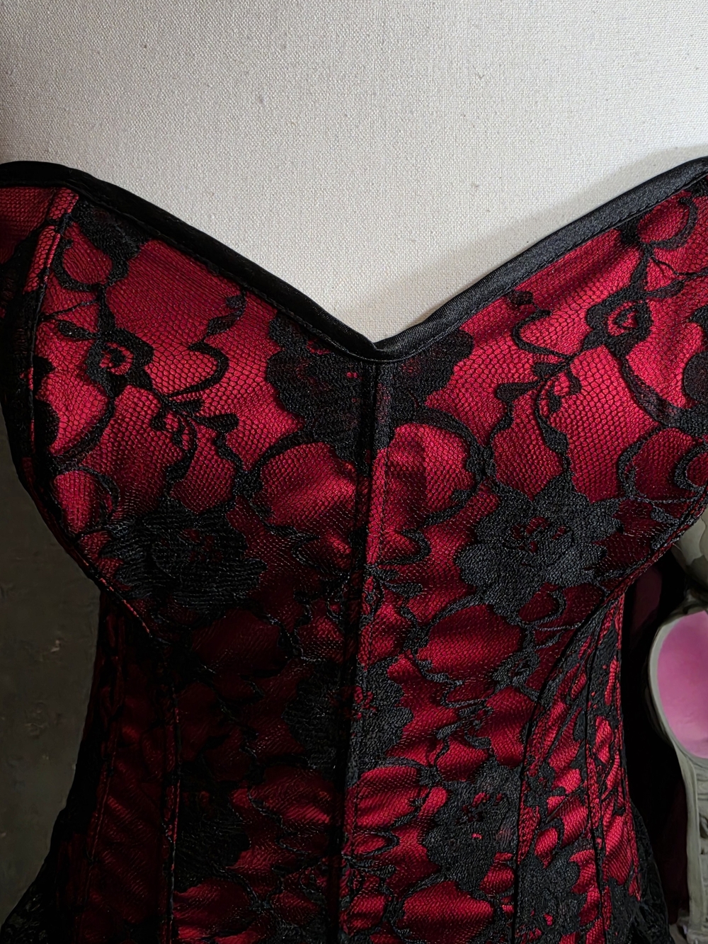 Red Satin Lace Corset Bustier with Black Lace Trim - Women Intimates - Picture 12 of 16